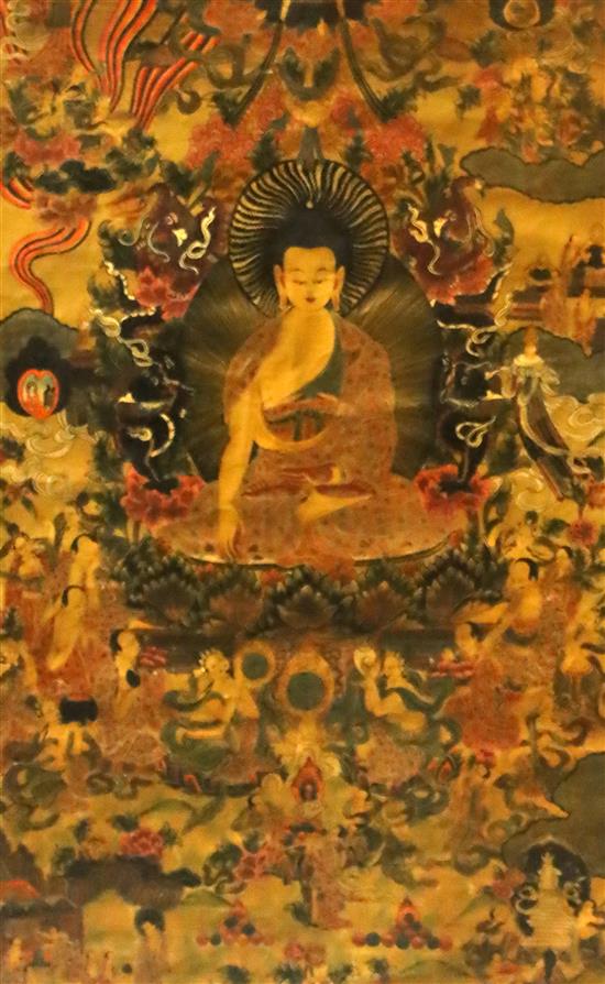 Two thangka depicting Buddha Shakyamuni, Tibet, 19th/20th century, both framed